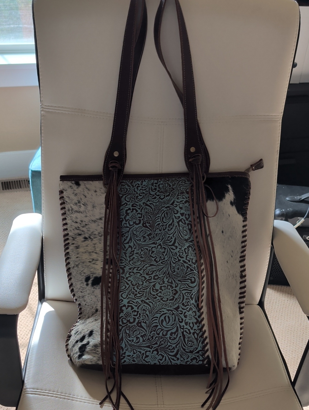 Turquoise Tooled Cowhide Fringe Tote